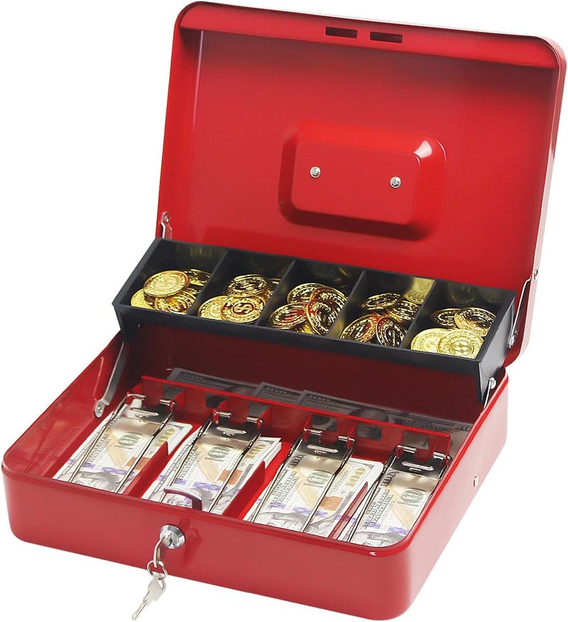 PACOLO Secure Locking Cash Box with Key or comnination, Money Tray, and Organizer - Metal Money Safe for Cash Management (Red Key) - Image 1